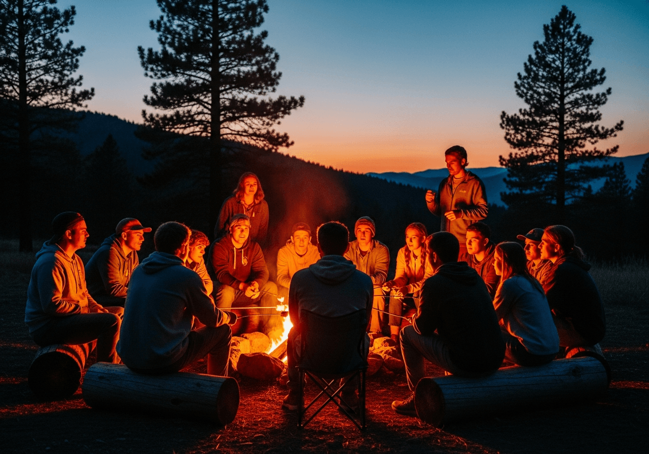 Camp community gathered together at a retreat center