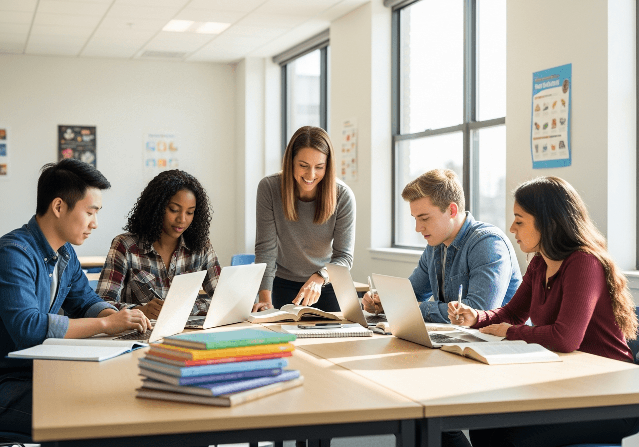 Students and teacher working together in a modern classroom