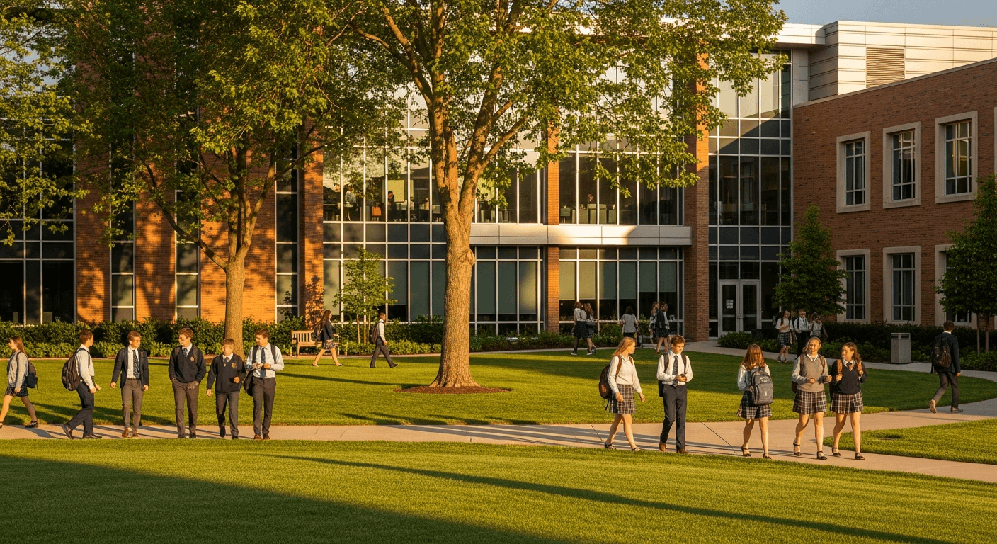 Modern school campus with students