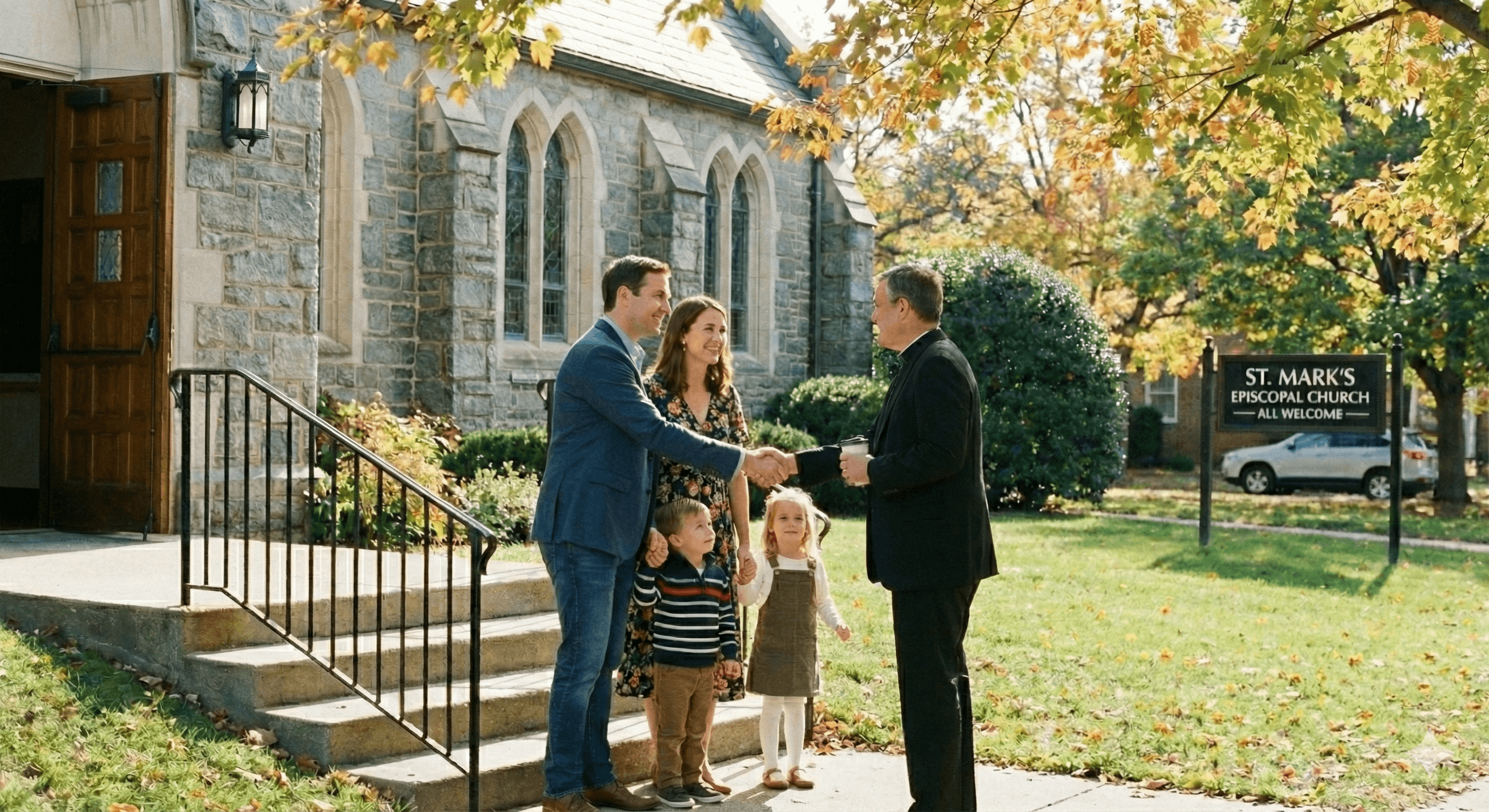Family greeting pastor outside church