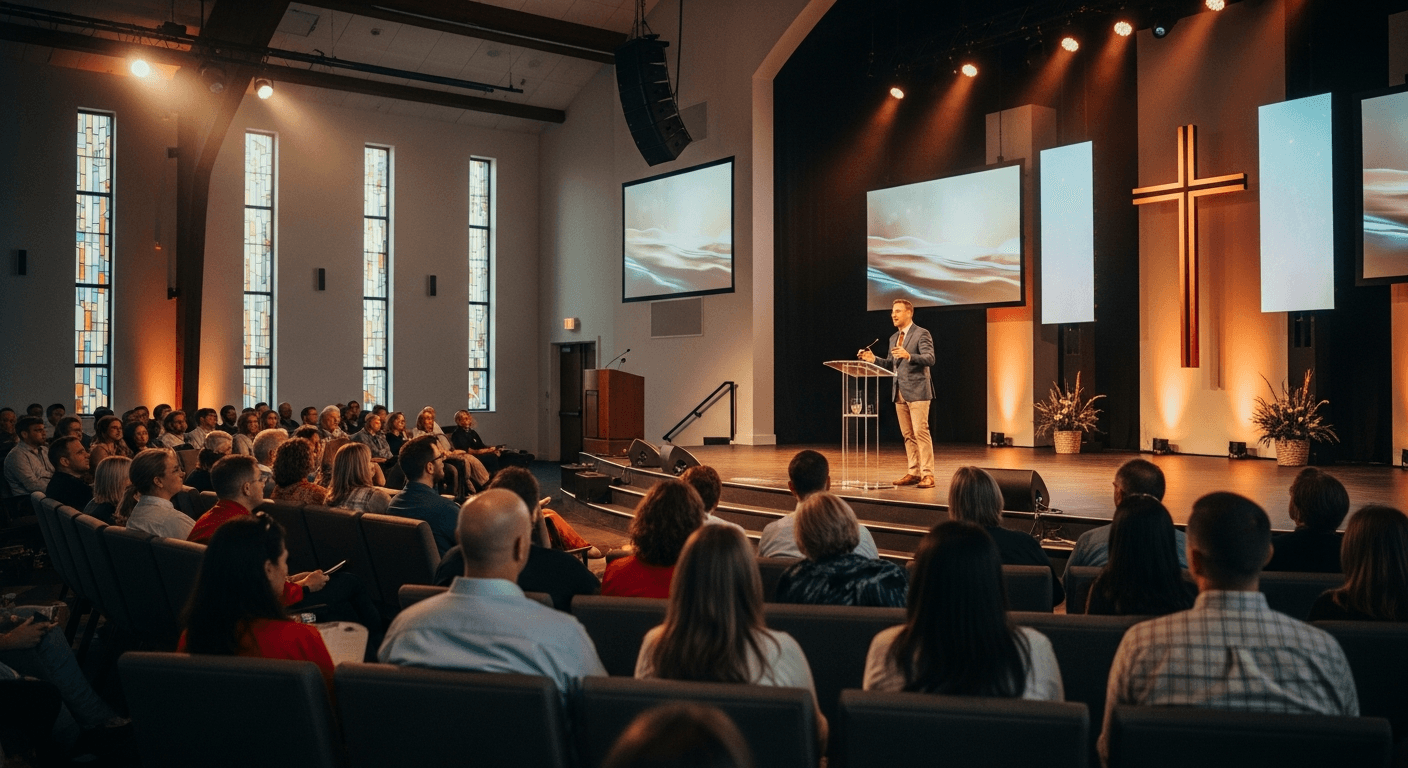 Pastor speaking at church podium